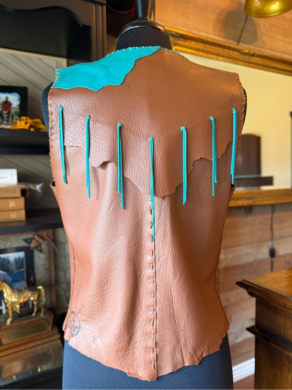 Brown Leather Fringe Vest with Turquoise Accents - Picture 2 of 3